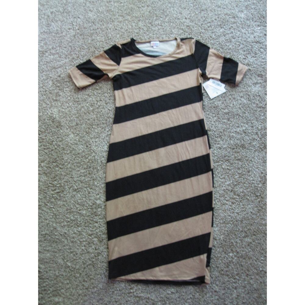 NEW LuLaRoe Julia Knee length Dress womans size Small Black &‎ Tan with Stripes!